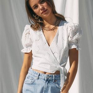 Catch A Breeze White Eyelet Puff Sleeve Wrap Top